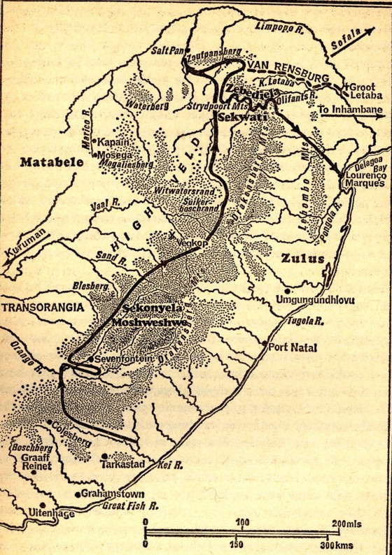 Map of the treks of Louis Tregardt and J. Van Rensburg